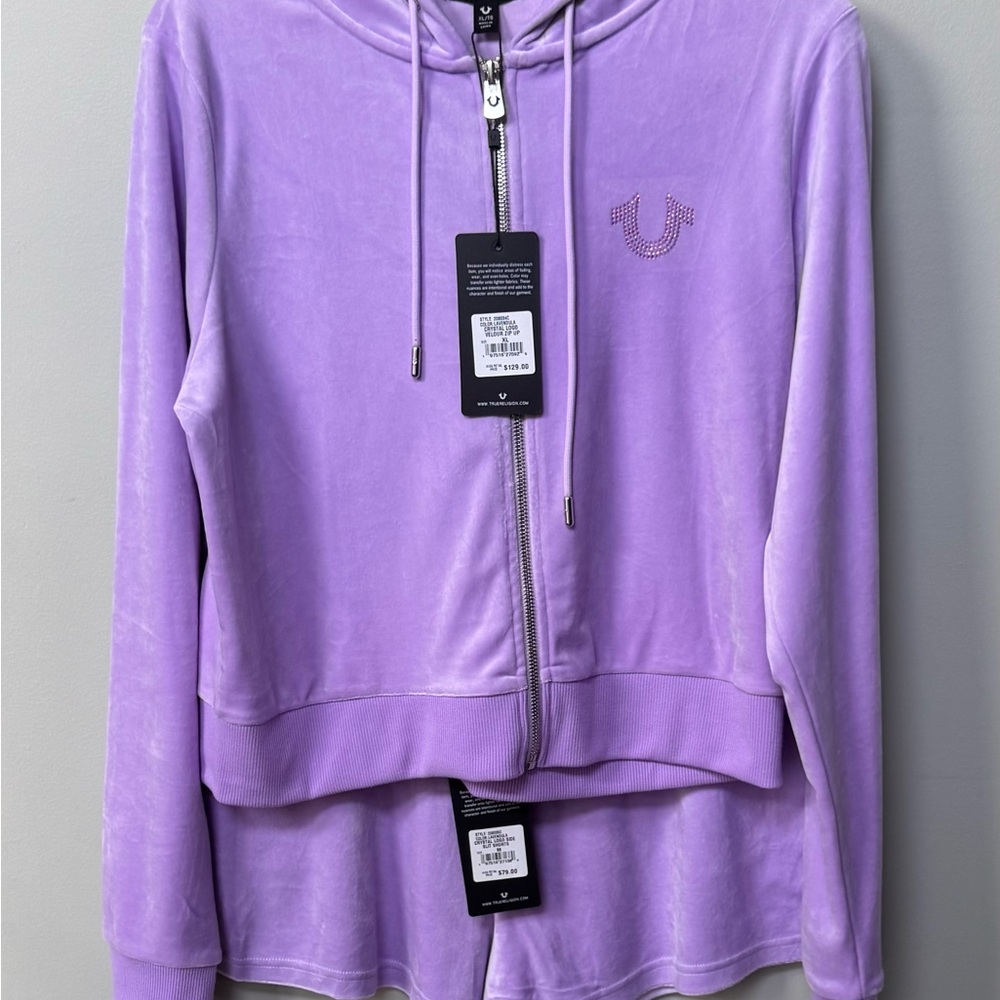 2 piece, True Religion XL Lilac Velour Hoodie & Med. Shorts with Rhinestone Logo